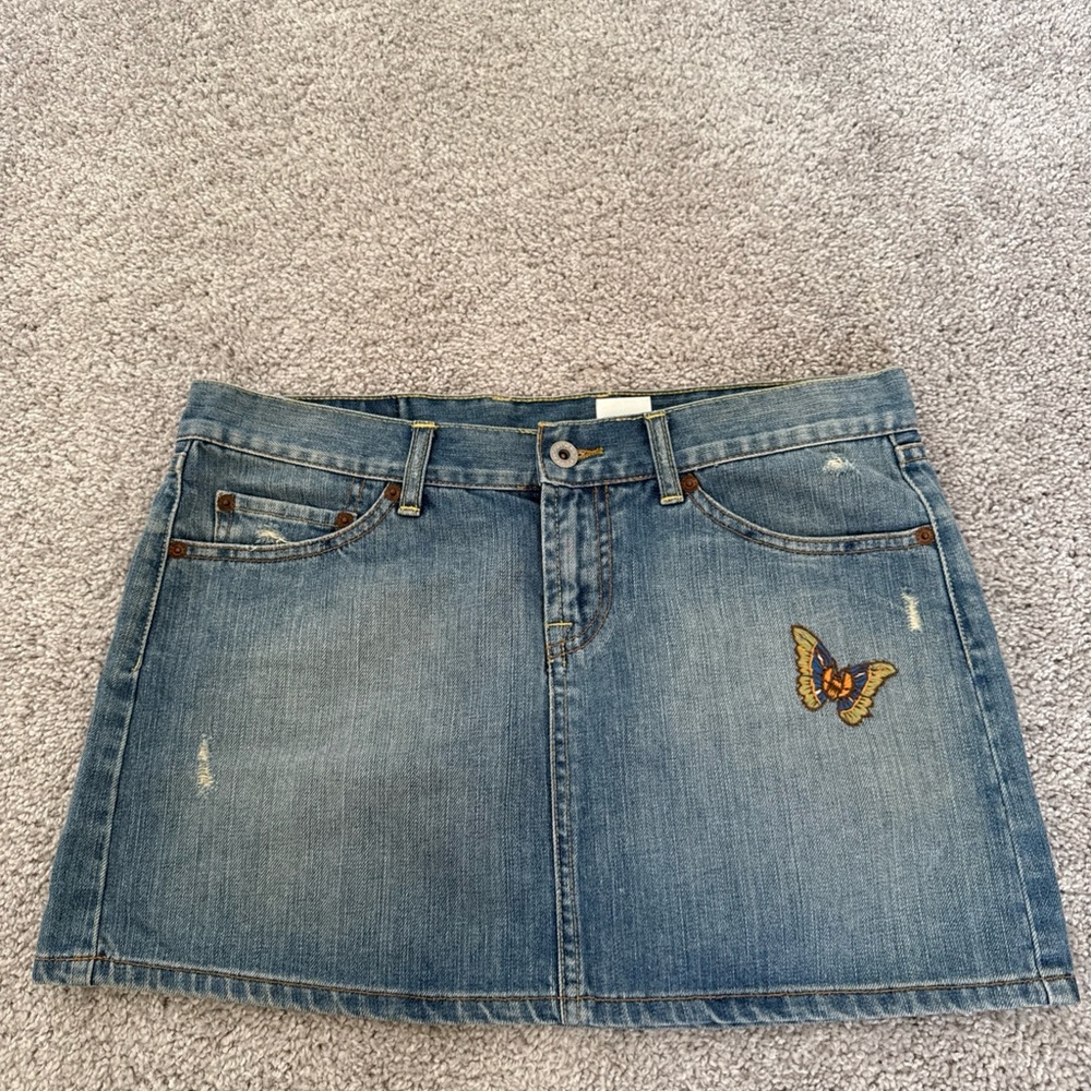 Lucky Brand Denim Micro Skirt Size 6 Y2K Med Wash Butterfly 90s Festival